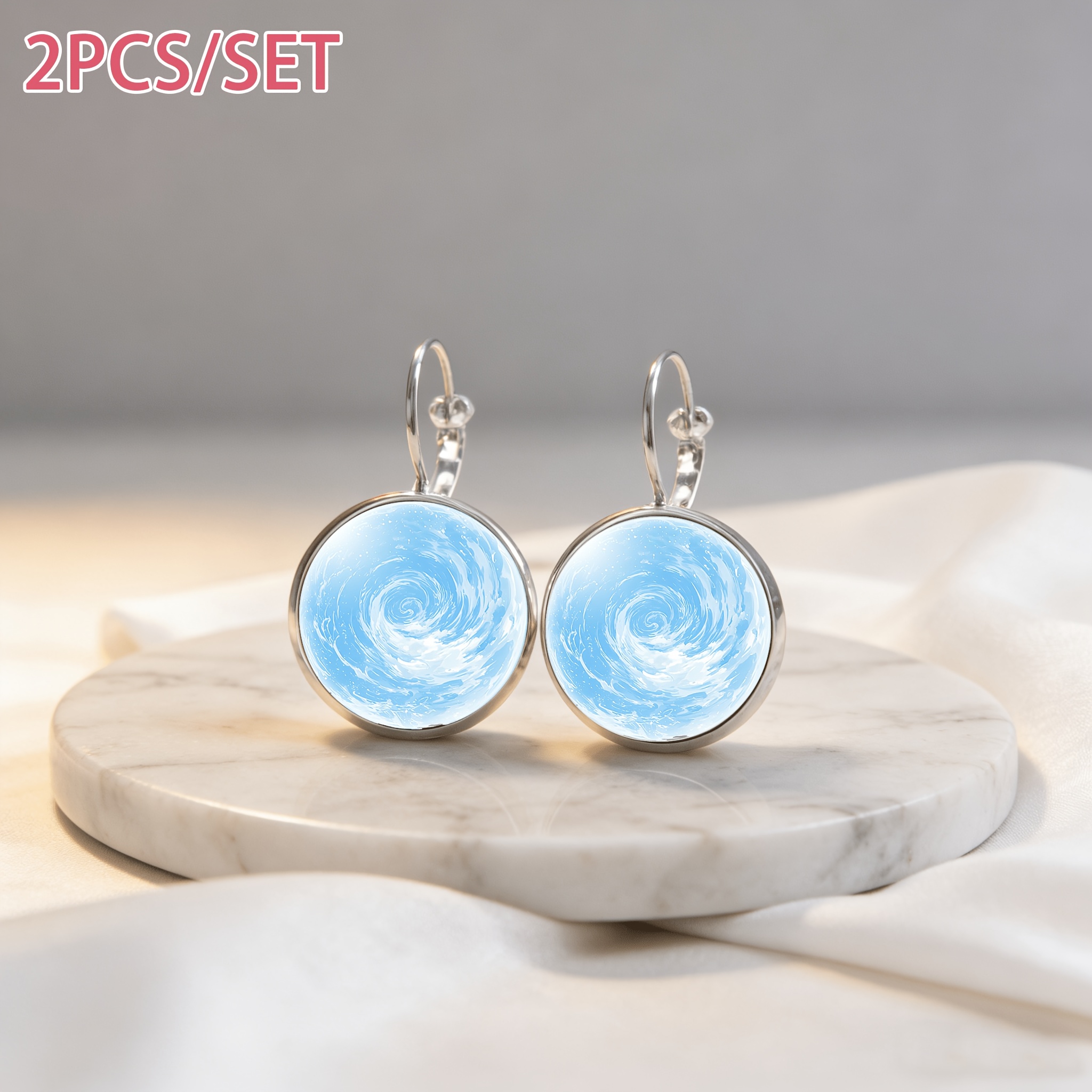 2pcs Set White French Ear Hook Earrings, Blue Water Ripple Design